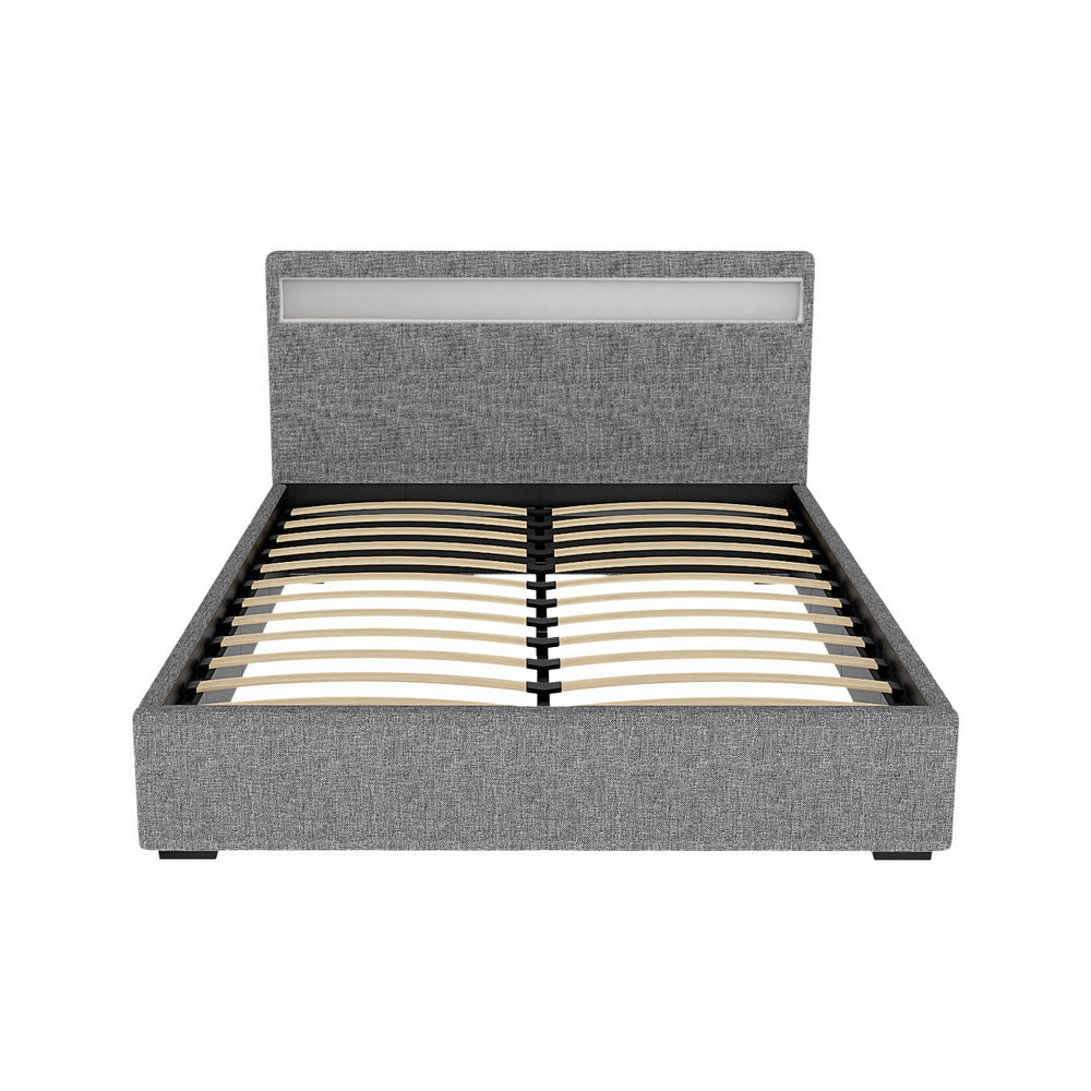 Cadre de lit double avec rangement à vérin à gaz et tête de lit LED – Tissu gris 140x190 cm | Restfield