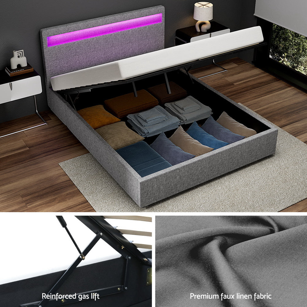 Cadre de lit double avec rangement à vérin à gaz et tête de lit LED – Tissu gris 140x190 cm | Restfield