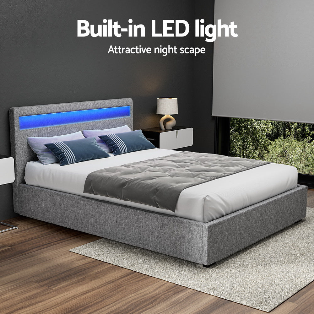 Cadre de lit double avec rangement à vérin à gaz et tête de lit LED – Tissu gris 140x190 cm | Restfield