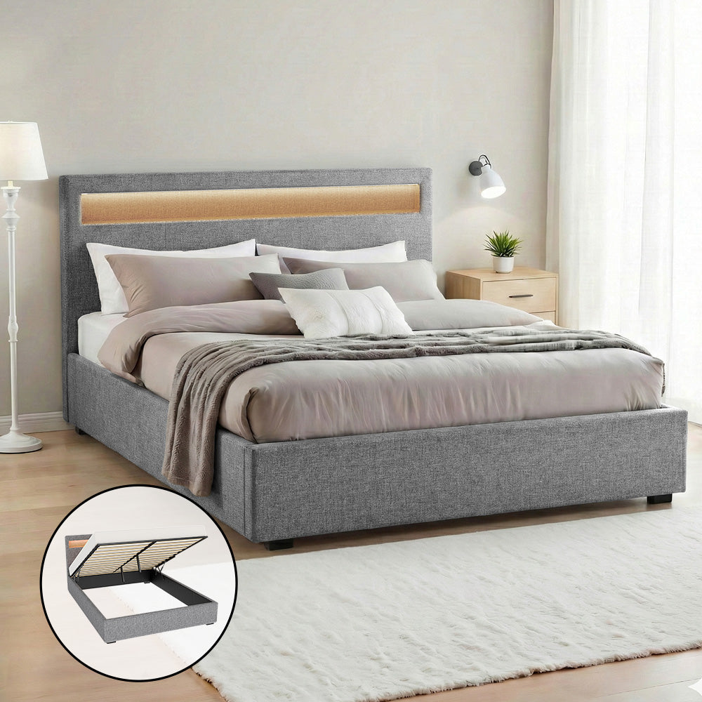 Cadre de lit double avec rangement à vérin à gaz et tête de lit LED – Tissu gris 140x190 cm | Restfield