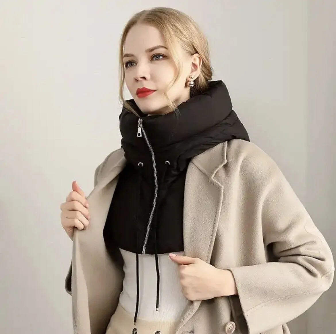 Hooded Scarf Knitted Neck Warmer Zipper Women's Winter Polyester Cotton Neck Warmer Comfortable Soft Warm | Sansoti