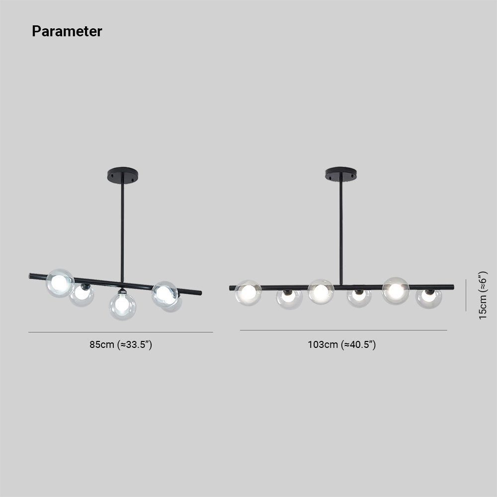 Suspension linéaire en verre bullé, 5 ou 6 points lumineux, noir et doré, salle à manger, îlot de cuisine, style nordique scandinave | Sansoti
