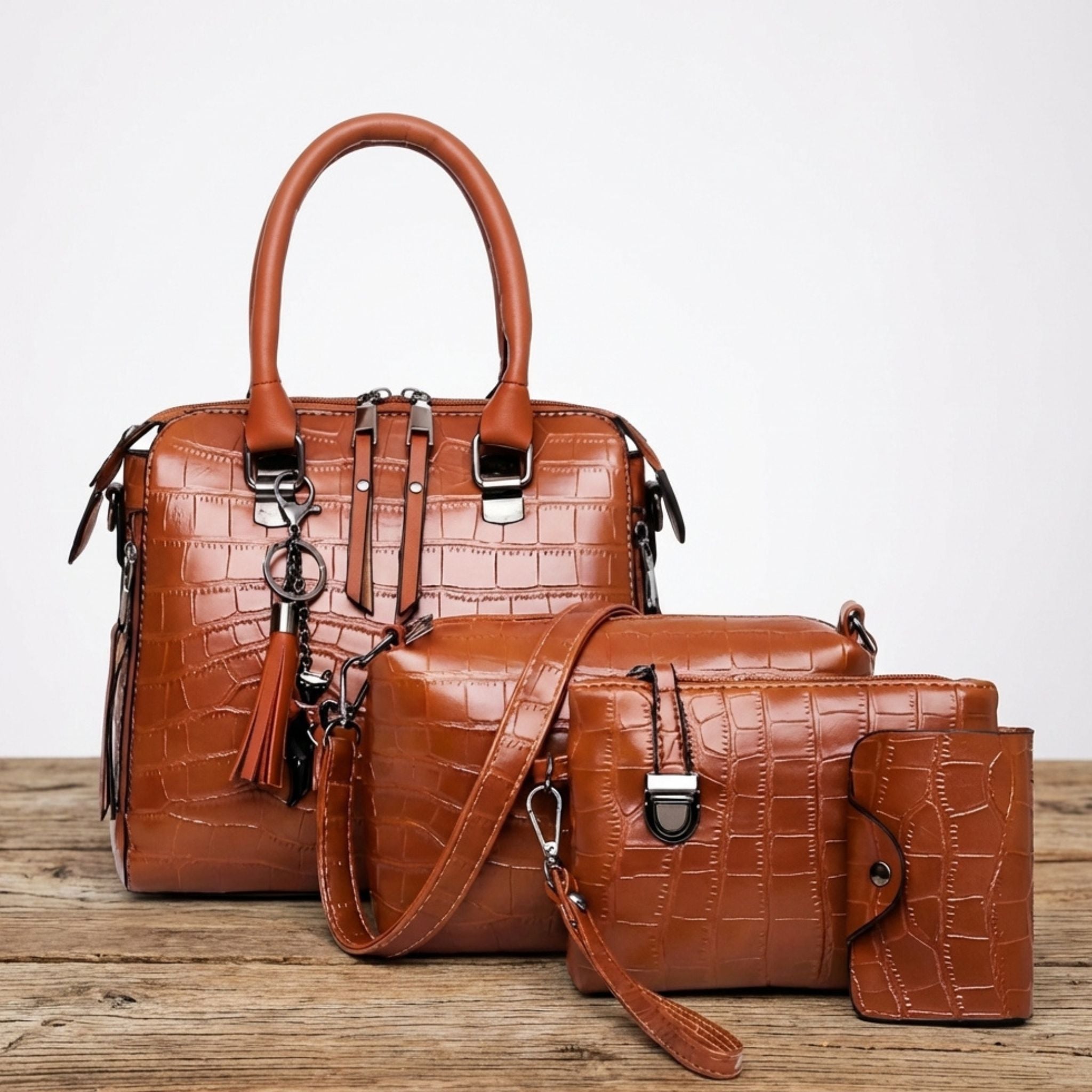 Vierdelige Leren Tassenset Dames Handtas Schoudertas Portemonnee Compacte Tas Kunstleer Elegant Praktisch | Sansoti