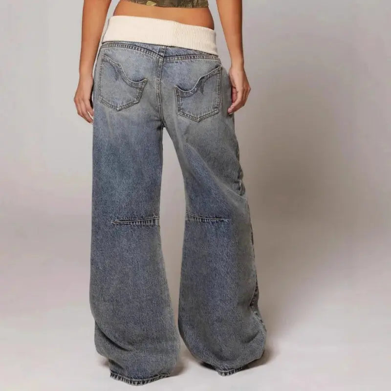 Wide-Leg Denim Trousers with Ribbed Waistband, Vintage Wash, Loose Fit, Baggy Jeans, Streetwear, Casual Women’s | Sansoti