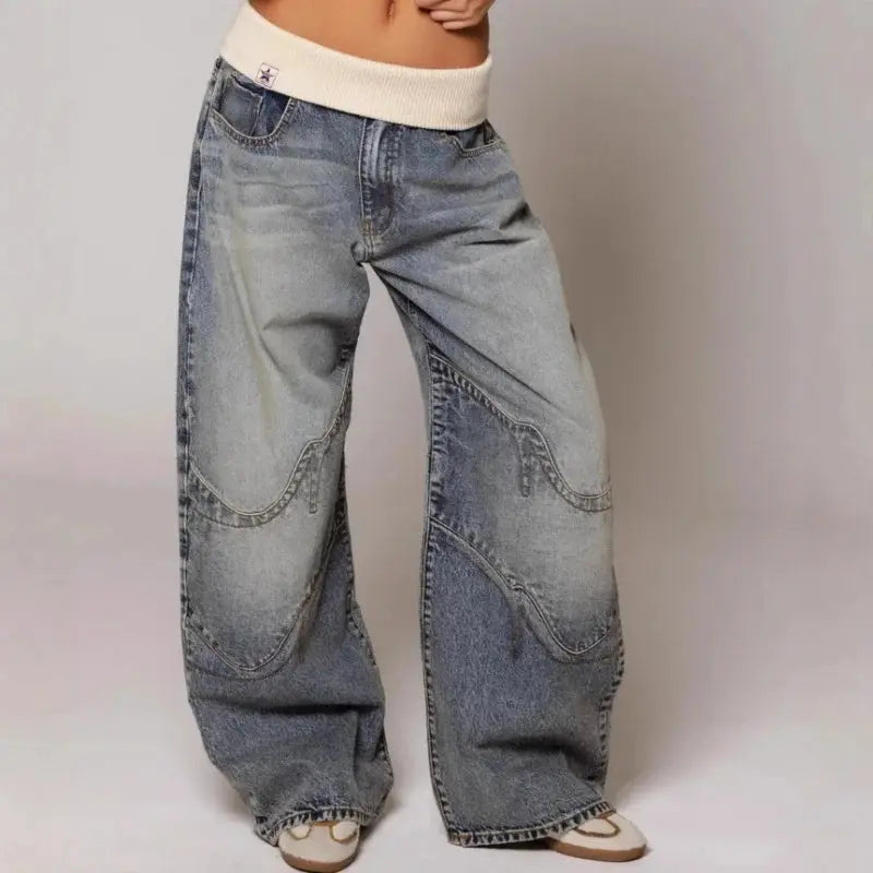 Wide-Leg Denim Trousers with Ribbed Waistband, Vintage Wash, Loose Fit, Baggy Jeans, Streetwear, Casual Women’s | Sansoti