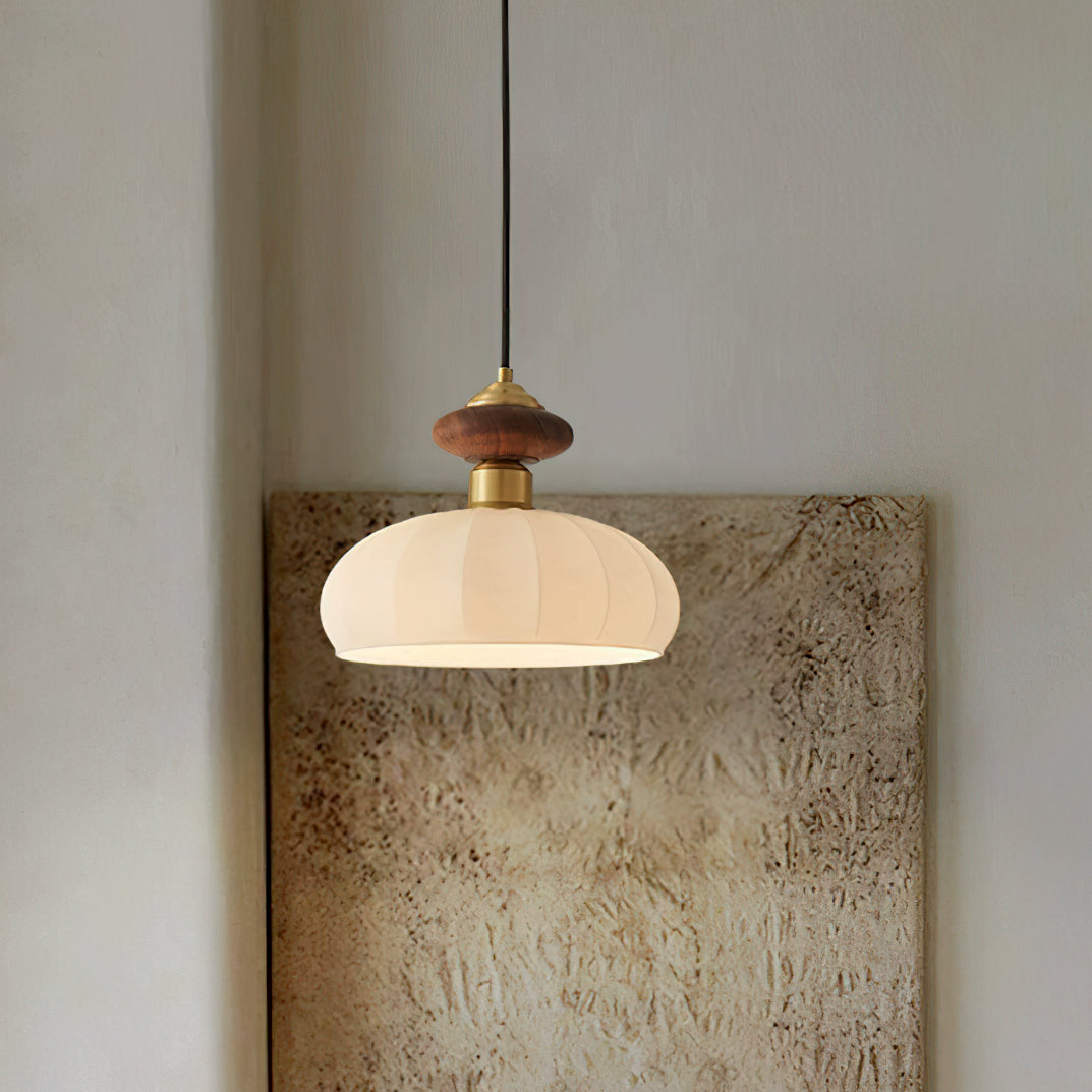 Glazen Hanglamp Bailey met Walnoten Houten Top | Retro Vintage Verlichting Koper Messing | Keukeneiland Eettafel Ontbijthoek | Eetkamer Hanglampen Glas | Skandinavisch Interieur | Sansoti