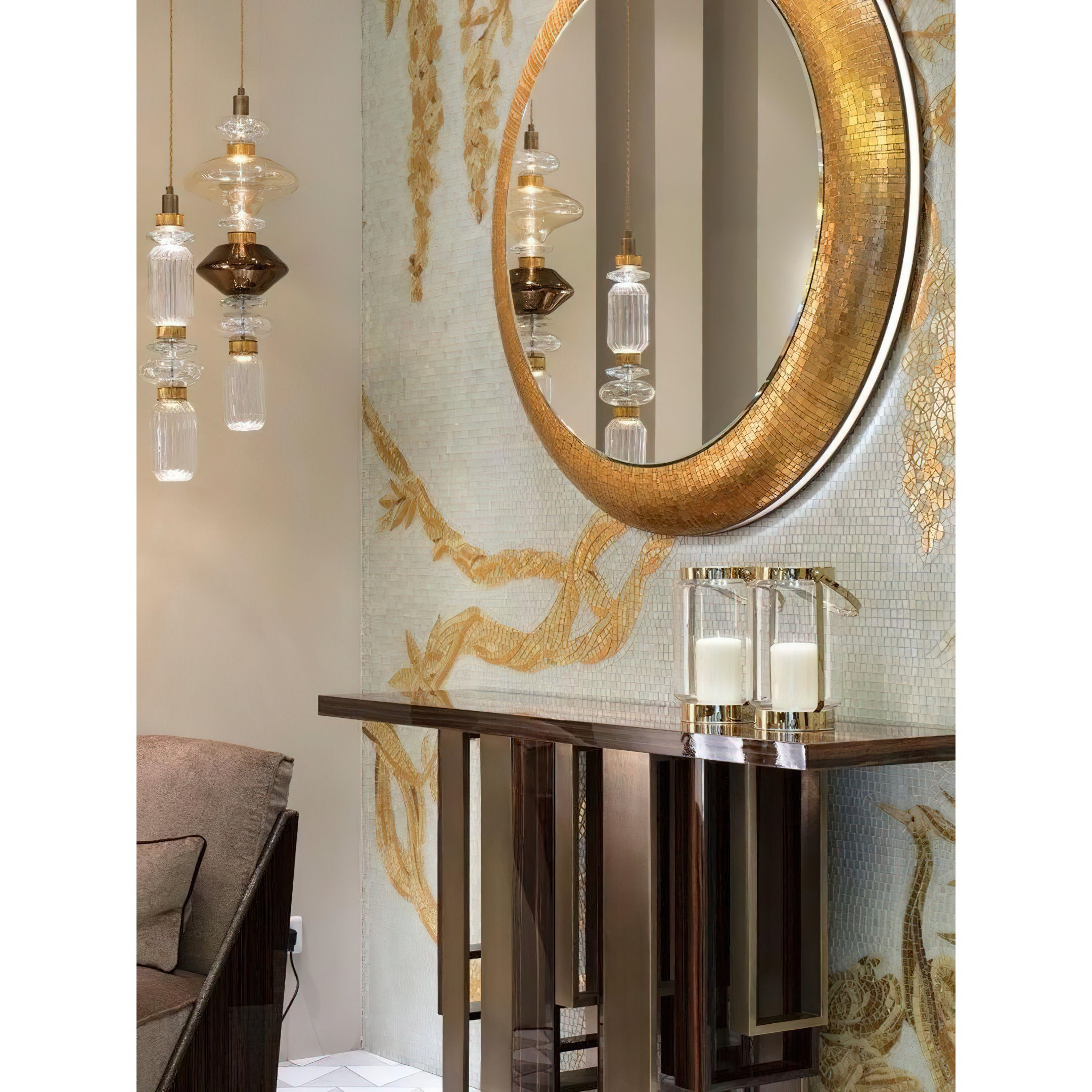 Glazen Hanglamp met Koperen Afwerking en Elegante Bolvorm voor Woonkamer en Eetkamer | Sansoti