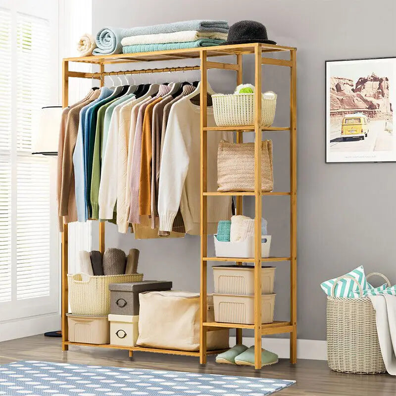 Porte-Vêtements Bambou Armoire Ouverte avec Étagères 90x145cm Bois Naturel | Restfield