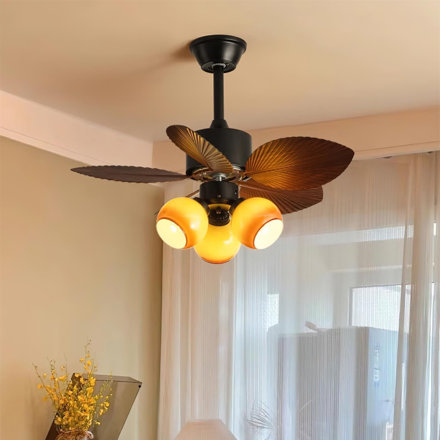 Tropische Plafondventilator met Glazen Verlichting Ø76cm – Ventilator Plafondlamp Afstandsbediening Dimbaar 6 Snelheden Koper Motor voor Slaapkamer Woonkamer | Sansoti