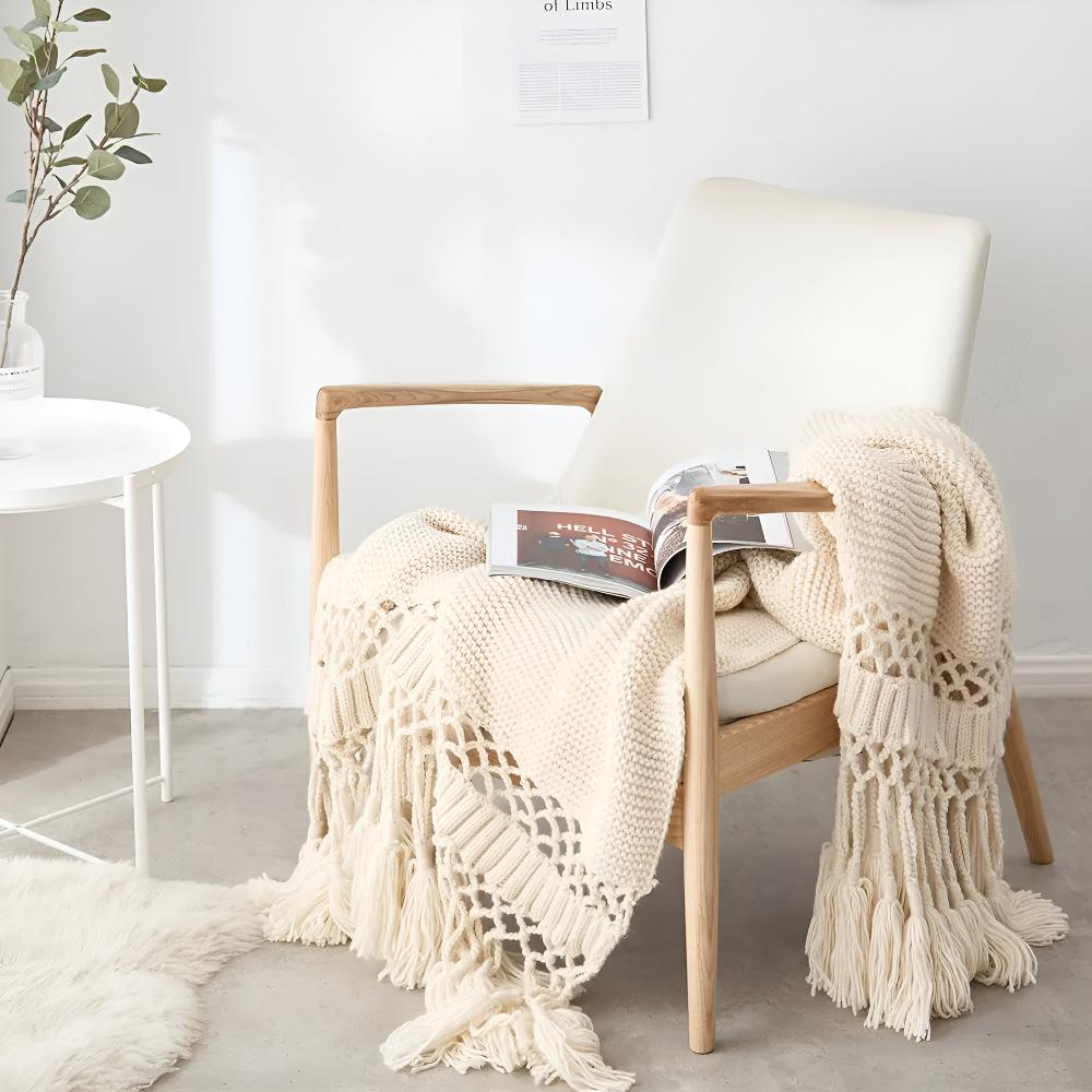 Throw Blanket with Macramé Details 120x180cm Microfiber Decorative Fringes Knitted Throw Blanket Living Room Sofa | Sansoti
