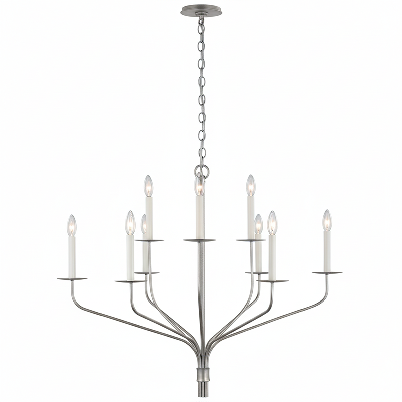 Minimalistischer Kronleuchter mit schlanken Armen und kerzenförmigen Fassungen – Moderne Design-Pendelleuchte in Messing, Schwarz oder Nickel | Restfield