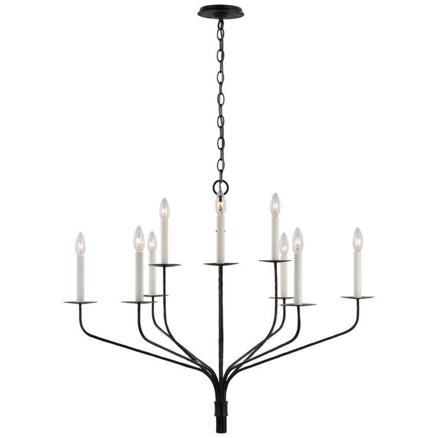 Minimalistischer Kronleuchter mit schlanken Armen und kerzenförmigen Fassungen – Moderne Design-Pendelleuchte in Messing, Schwarz oder Nickel | Restfield