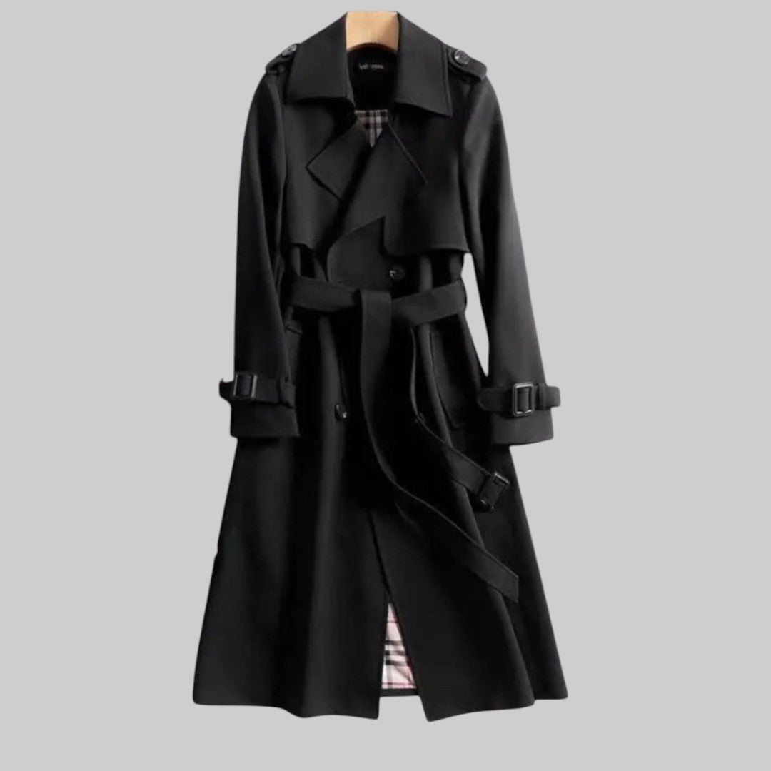 Langer Damen-Trenchcoat mit doppeltem Verschluss und Gürtel, Beige, Schwarz, Grau, Rot, Blau, stilvolle Arbeitskleidung | Sansoti