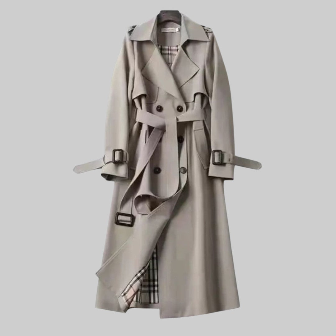 Langer Damen-Trenchcoat mit doppeltem Verschluss und Gürtel, Beige, Schwarz, Grau, Rot, Blau, stilvolle Arbeitskleidung | Sansoti