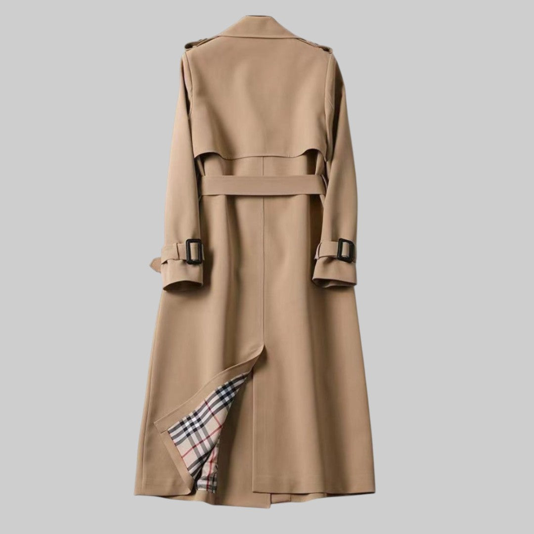 Langer Damen-Trenchcoat mit doppeltem Verschluss und Gürtel, Beige, Schwarz, Grau, Rot, Blau, stilvolle Arbeitskleidung | Sansoti