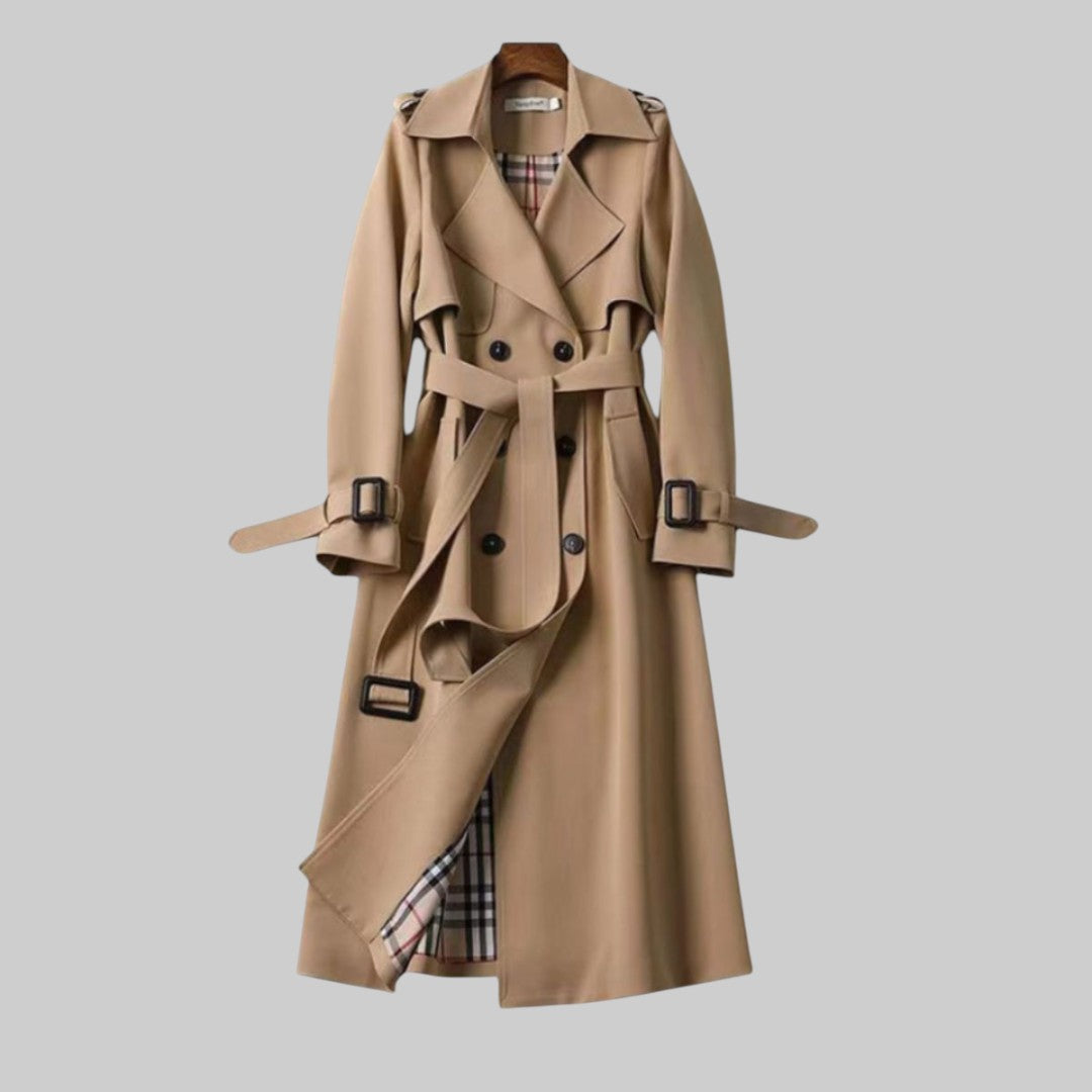 Langer Damen-Trenchcoat mit doppeltem Verschluss und Gürtel, Beige, Schwarz, Grau, Rot, Blau, stilvolle Arbeitskleidung | Sansoti