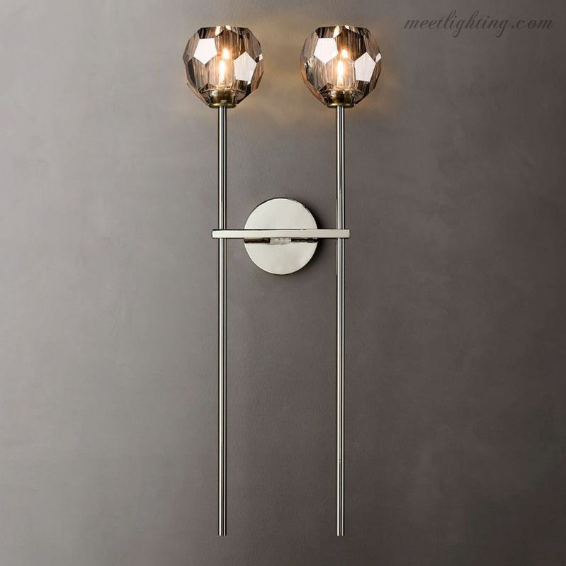 Double applique murale avec boules en verre cristal, laiton, hauteur de 71 cm, verre taillé à la main, éclairage luxueux et moderne pour le salon | Sansoti