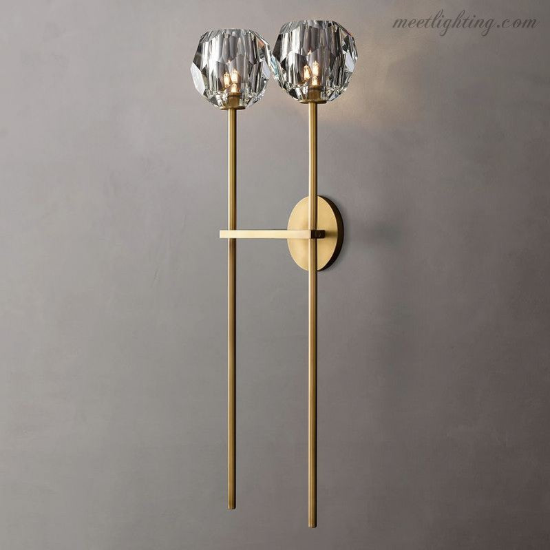 Double applique murale avec boules en verre cristal, laiton, hauteur de 71 cm, verre taillé à la main, éclairage luxueux et moderne pour le salon | Sansoti