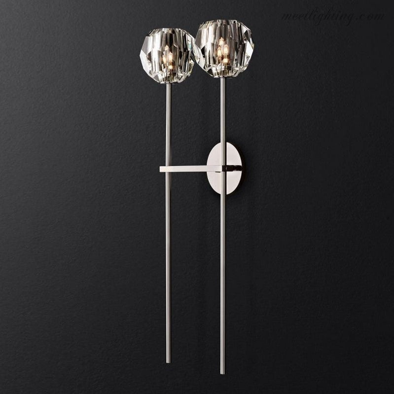 Double applique murale avec boules en verre cristal, laiton, hauteur de 71 cm, verre taillé à la main, éclairage luxueux et moderne pour le salon | Sansoti