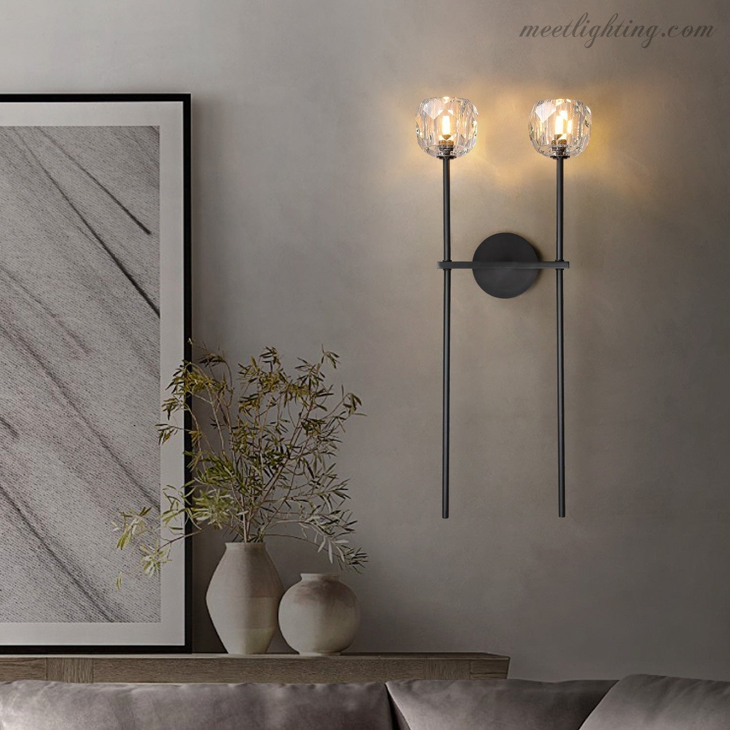 Double applique murale avec boules en verre cristal, laiton, hauteur de 71 cm, verre taillé à la main, éclairage luxueux et moderne pour le salon | Sansoti