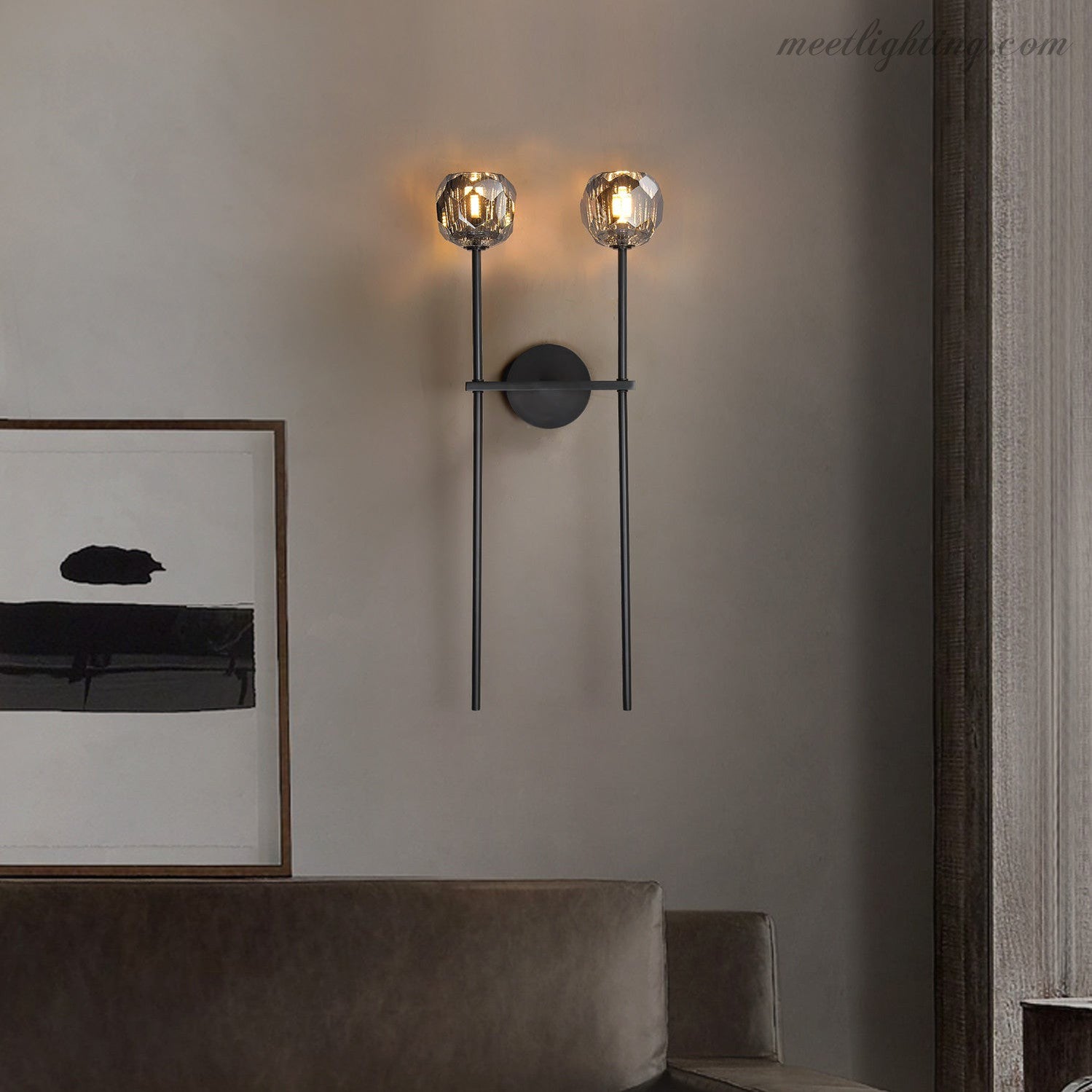 Double applique murale avec boules en verre cristal, laiton, hauteur de 71 cm, verre taillé à la main, éclairage luxueux et moderne pour le salon | Sansoti
