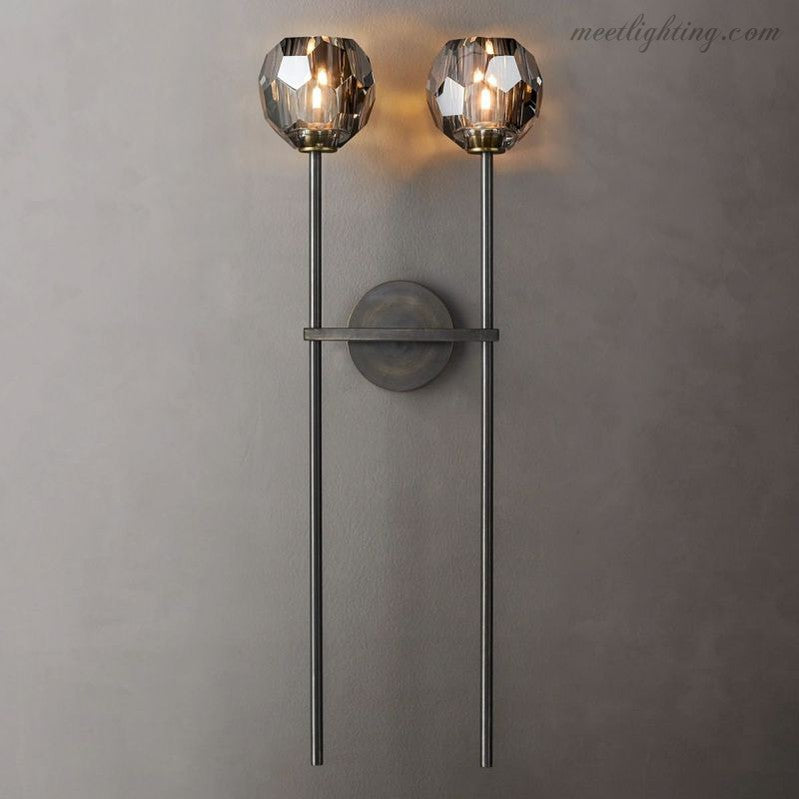 Double applique murale avec boules en verre cristal, laiton, hauteur de 71 cm, verre taillé à la main, éclairage luxueux et moderne pour le salon | Sansoti