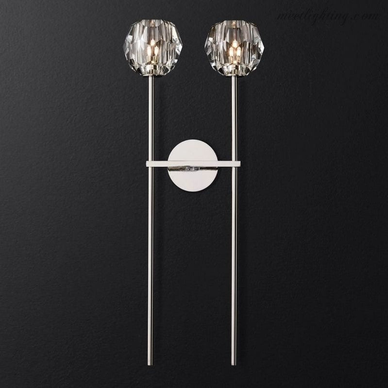 Double applique murale avec boules en verre cristal, laiton, hauteur de 71 cm, verre taillé à la main, éclairage luxueux et moderne pour le salon | Sansoti