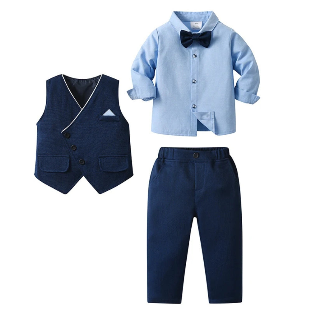 3-Delig Jongenspak met Blauw Overhemd, Gilet en Broek voor Feestelijke Gelegenheden, Ceremonies en Bruiloften | Sansoti