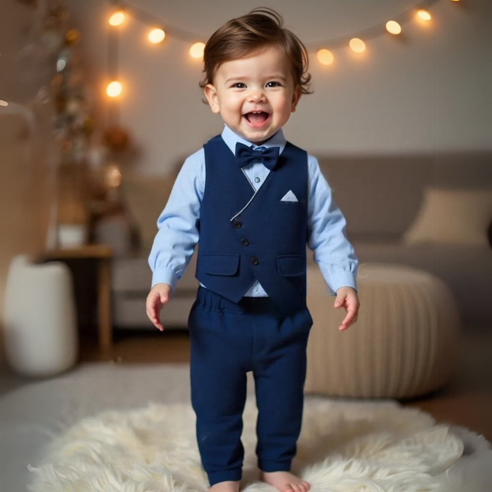 3-Delig Jongenspak met Blauw Overhemd, Gilet en Broek voor Feestelijke Gelegenheden, Ceremonies en Bruiloften | Sansoti