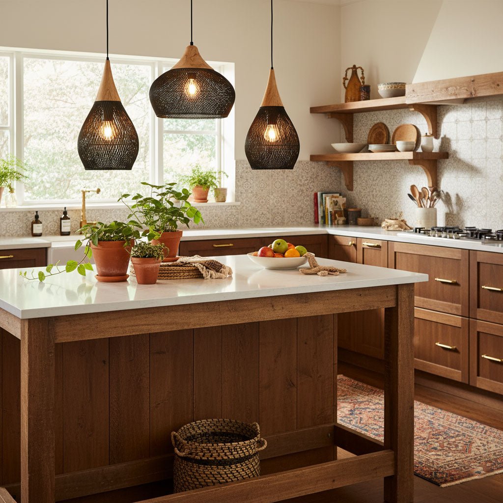 Handgevlochten Rotan Hanglamp – Javaanse Vlechtkunst in 4 Vormen & 3 Maten – Naturel of Zwart Rotan – E26/E27 Fitting – Scandinavisch Woonlicht | Sansoti