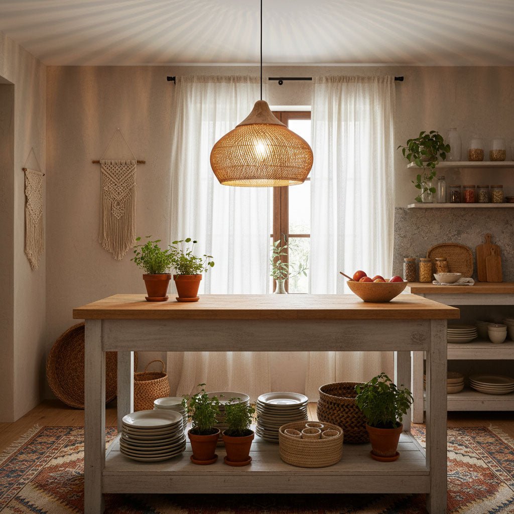 Handgevlochten Rotan Hanglamp – Javaanse Vlechtkunst in 4 Vormen & 3 Maten – Naturel of Zwart Rotan – E26/E27 Fitting – Scandinavisch Woonlicht | Sansoti