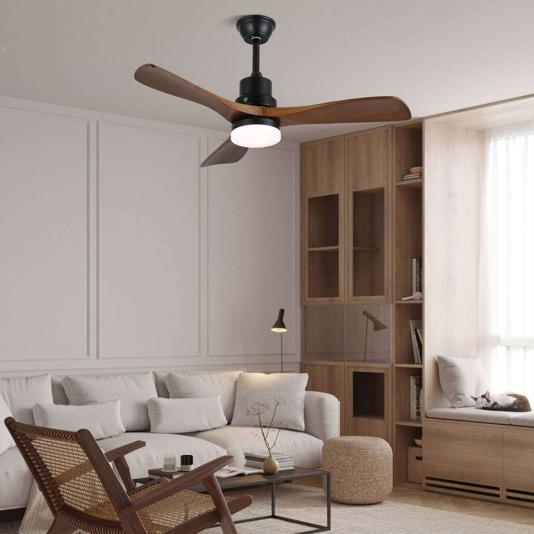 Plafondventilator met Verlichting en 6 Snelheden – Scandinavisch Design in Natuurlijke Houtafwerking | Sansoti