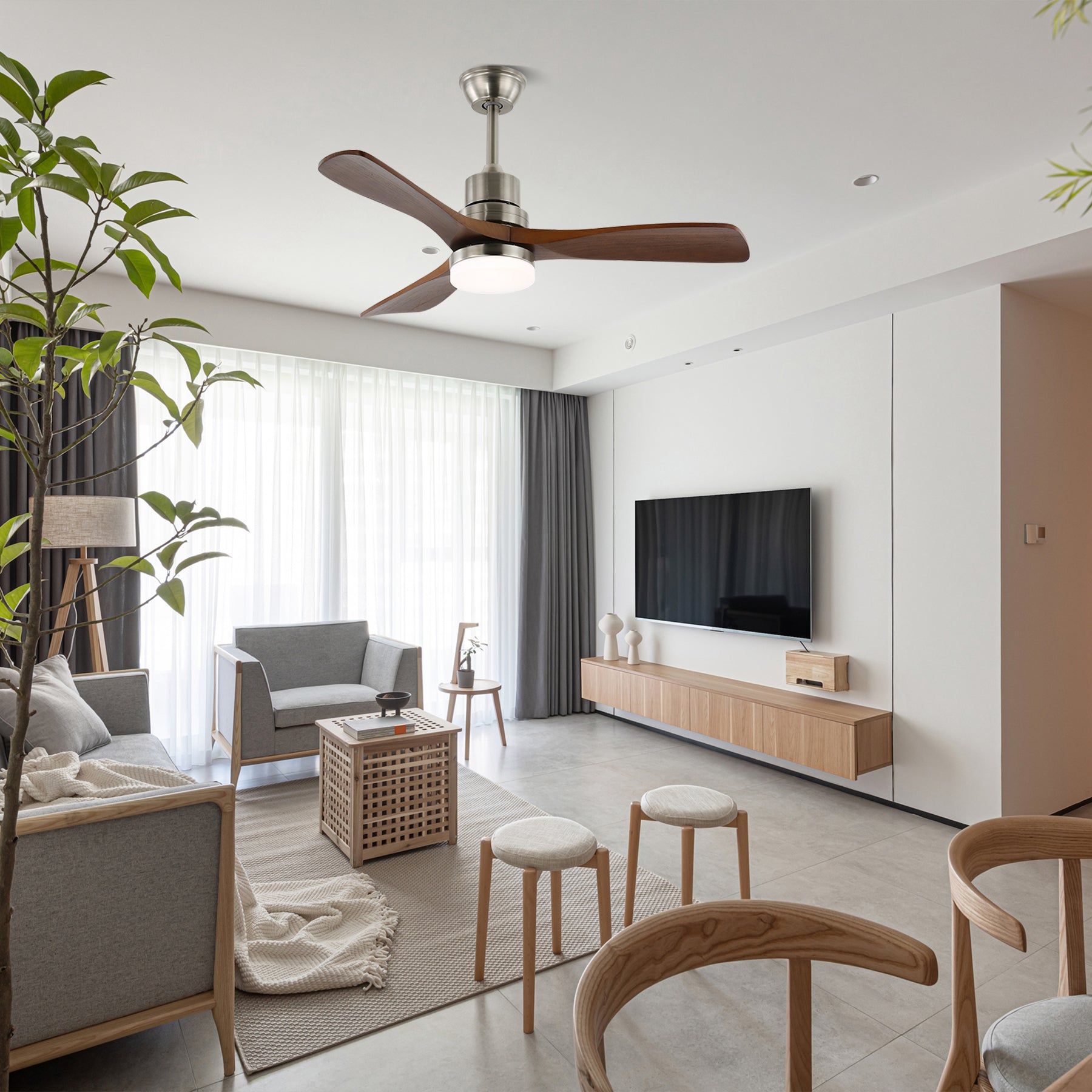 Plafondventilator met Verlichting en 6 Snelheden – Scandinavisch Design in Natuurlijke Houtafwerking | Sansoti
