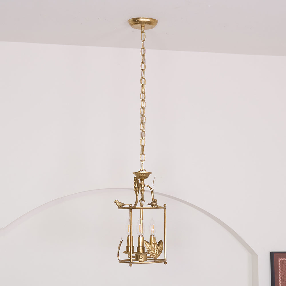 Lanterne Baroque Suspension Avec Détails Oiseaux Et Feuilles – Plafonnier Classique 3 Lumières En Or Ou Bronze | Restfield