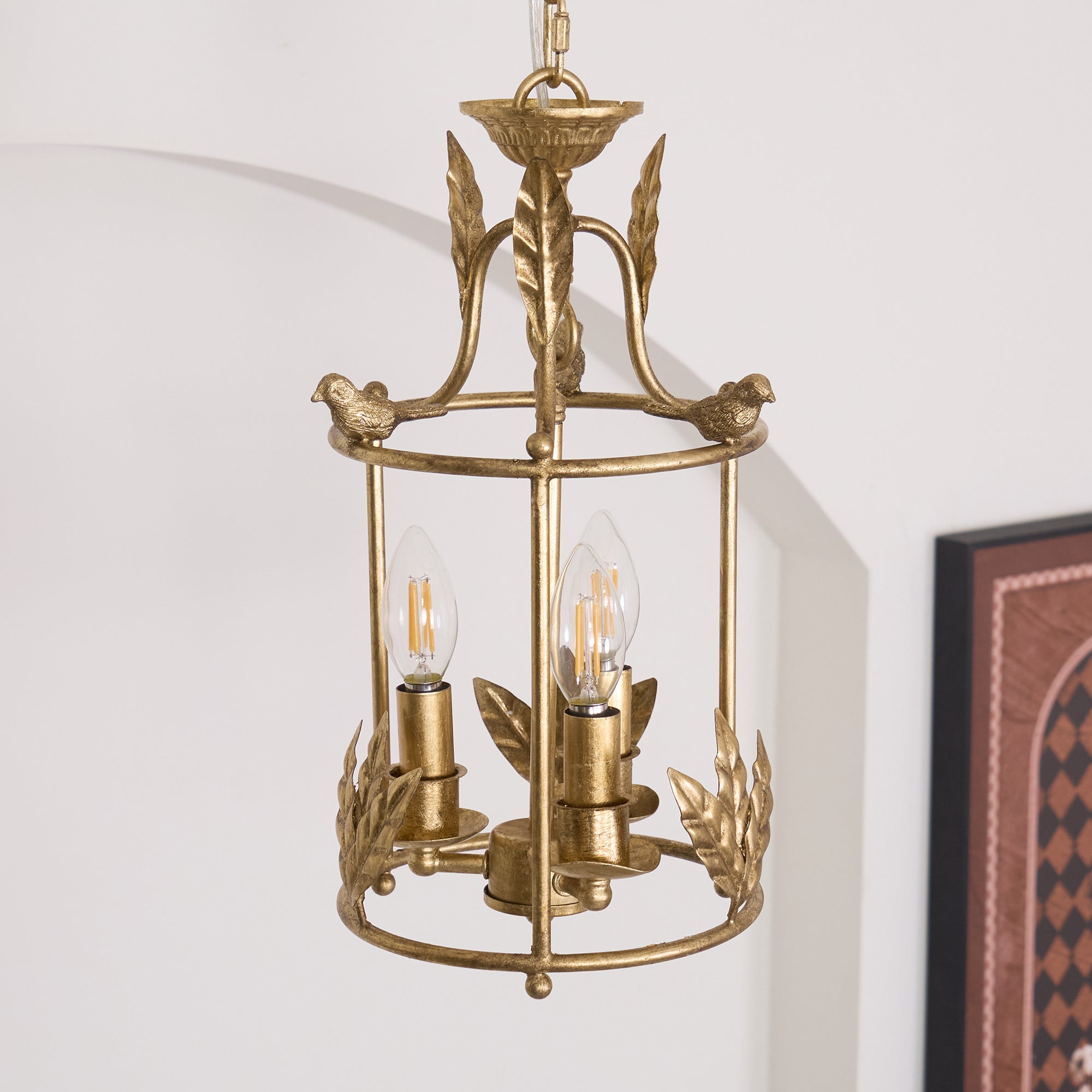 Lanterne Baroque Suspension Avec Détails Oiseaux Et Feuilles – Plafonnier Classique 3 Lumières En Or Ou Bronze | Restfield