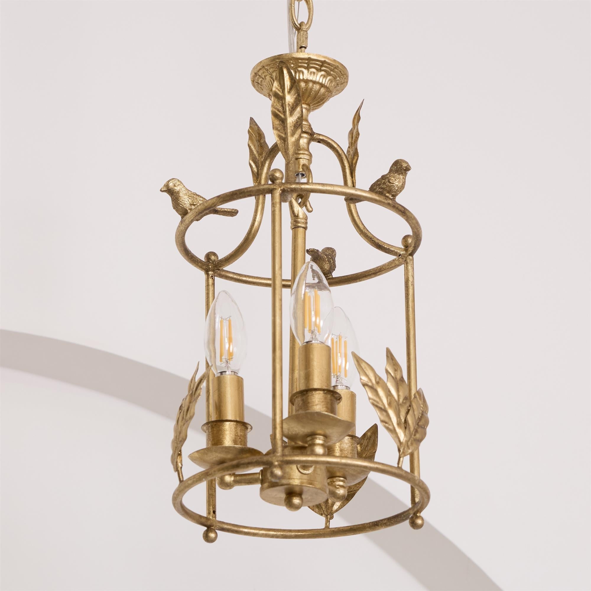 Lanterne Baroque Suspension Avec Détails Oiseaux Et Feuilles – Plafonnier Classique 3 Lumières En Or Ou Bronze | Restfield