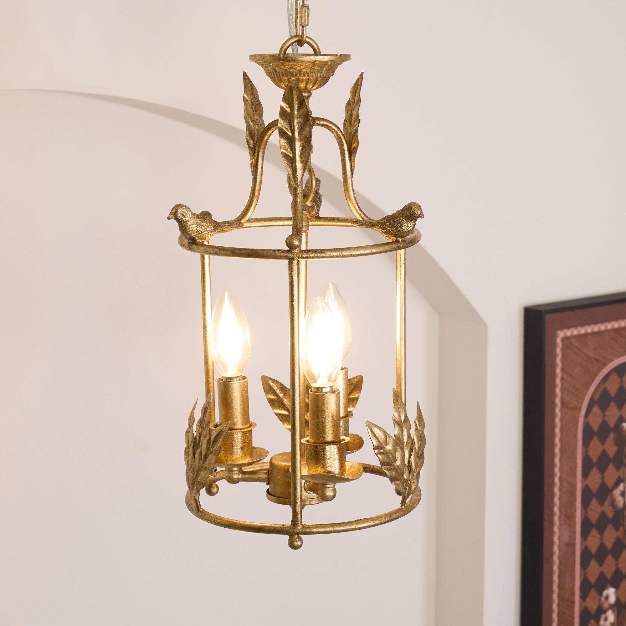 Lanterne Baroque Suspension Avec Détails Oiseaux Et Feuilles – Plafonnier Classique 3 Lumières En Or Ou Bronze | Restfield
