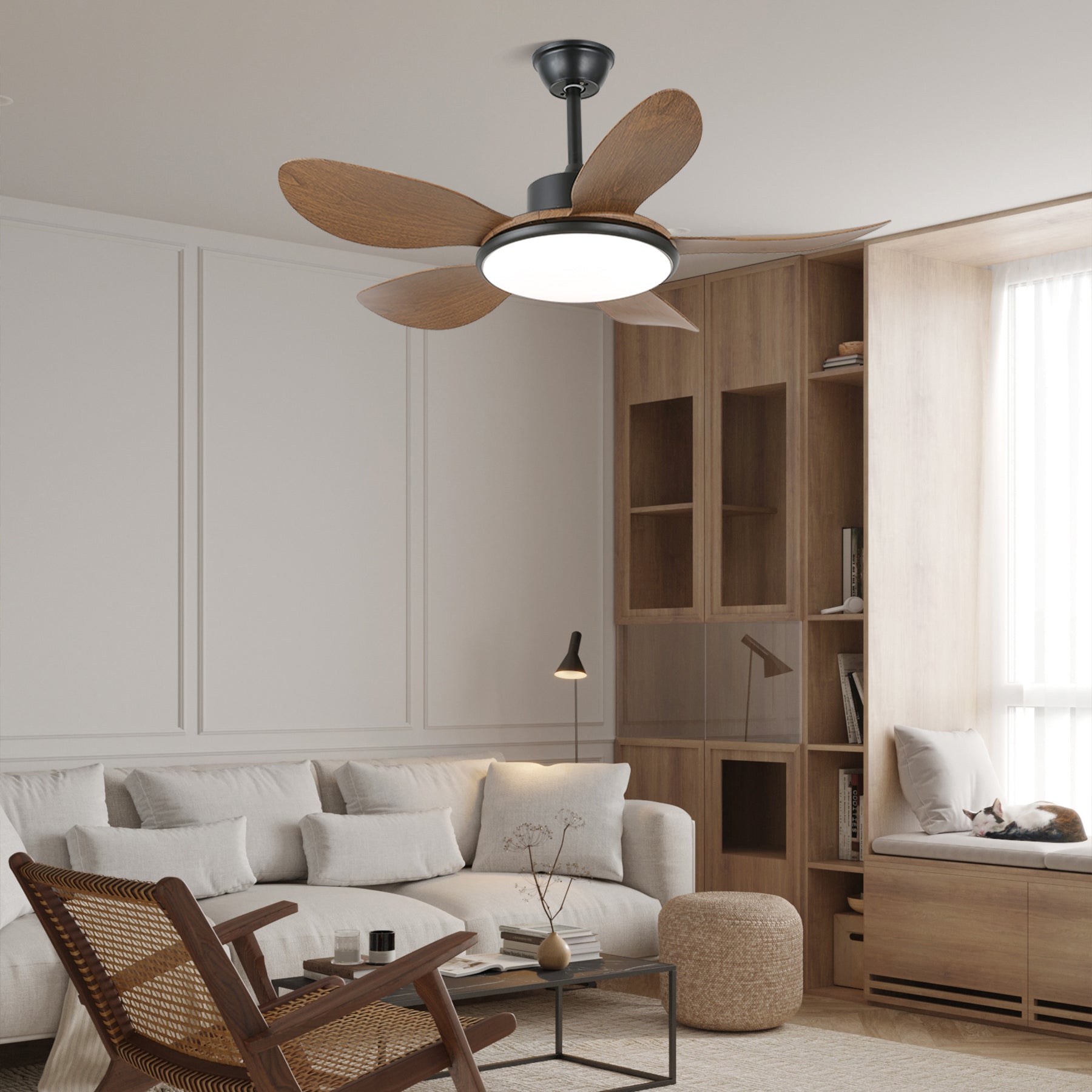 Plafondventilator met LED-verlichting en afstandsbediening | Scandinavisch design met houtnerf afwerking | Sansoti