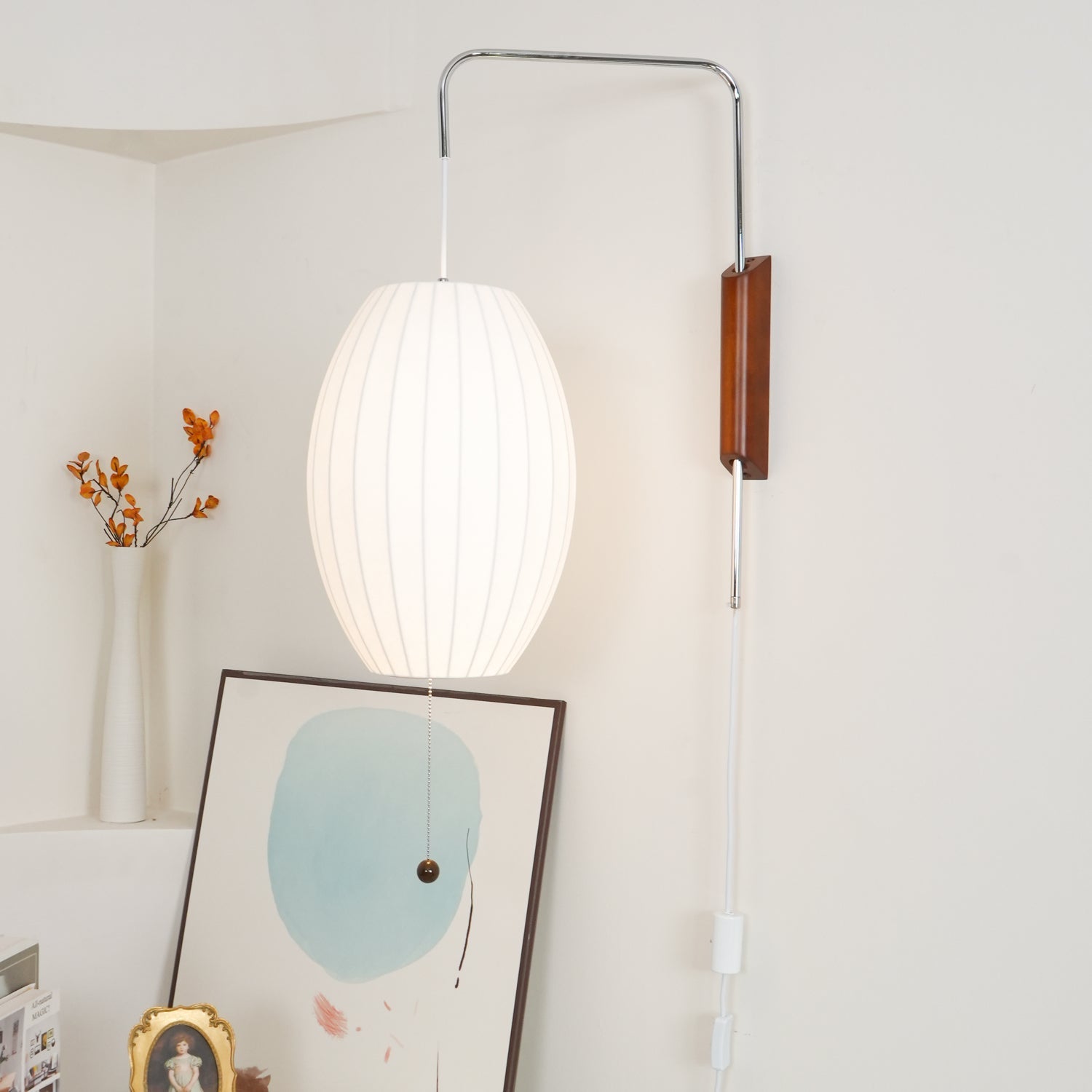 Wandlamp Zijden Kap Walnoot Metaal Wit Woonkamer Slaapkamer | Sansoti