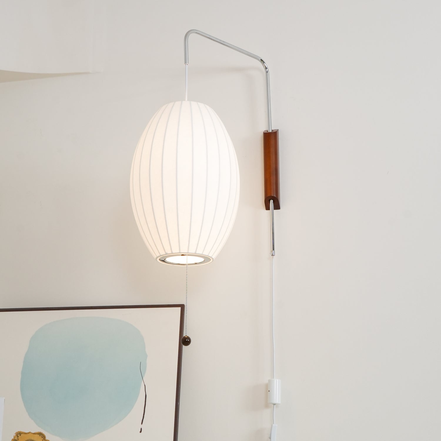 Wandlamp Zijden Kap Walnoot Metaal Wit Woonkamer Slaapkamer | Sansoti
