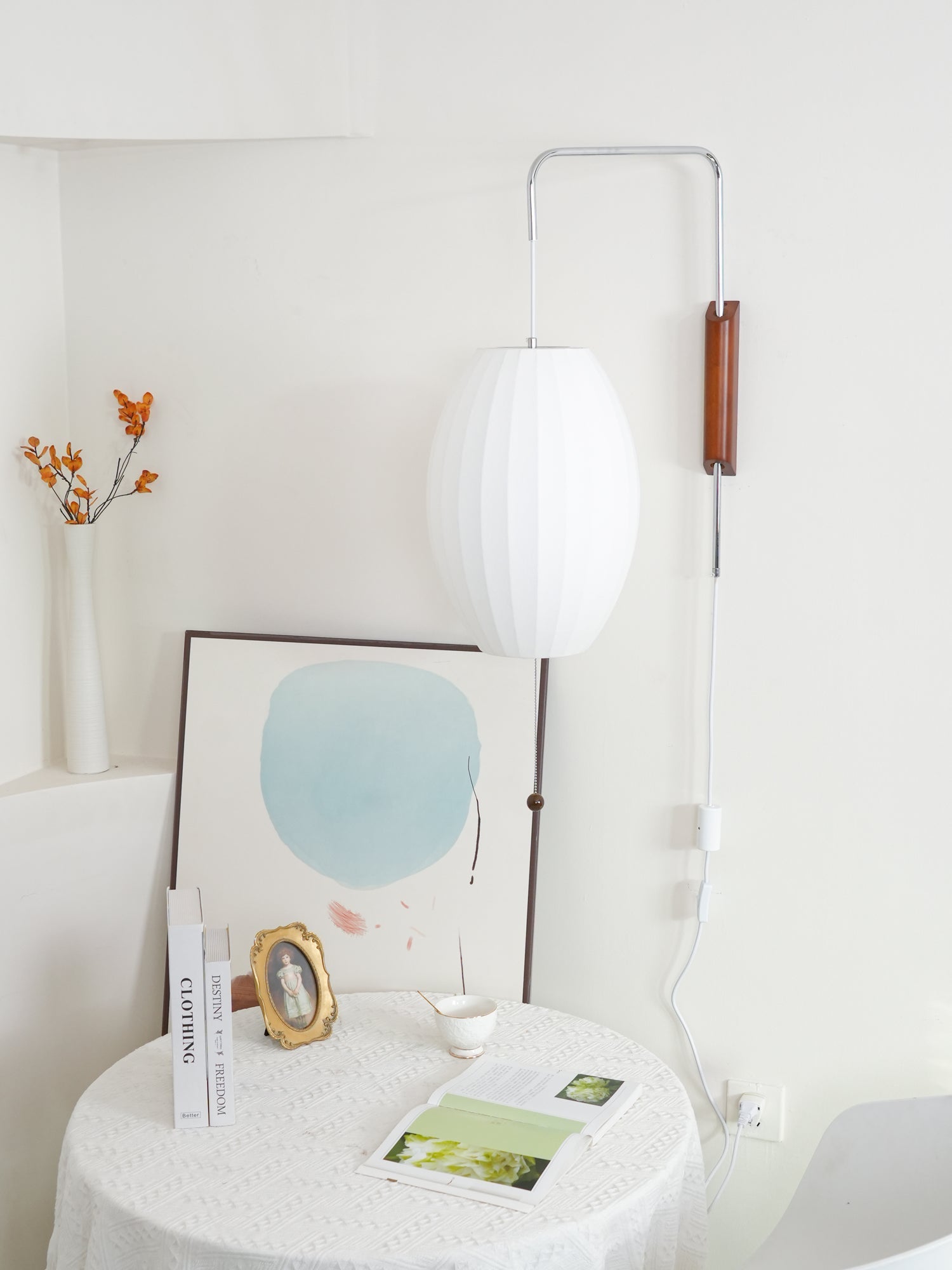 Wandlamp Zijden Kap Walnoot Metaal Wit Woonkamer Slaapkamer | Sansoti