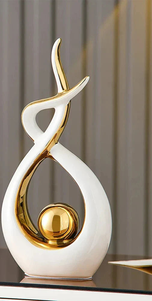 Decoratieve Sculptuur Keramiek Goud Groen Abstract 31cm Woonkamer Tafel Beeld Modern Kunstobject Interieur Decoratie | Sansoti