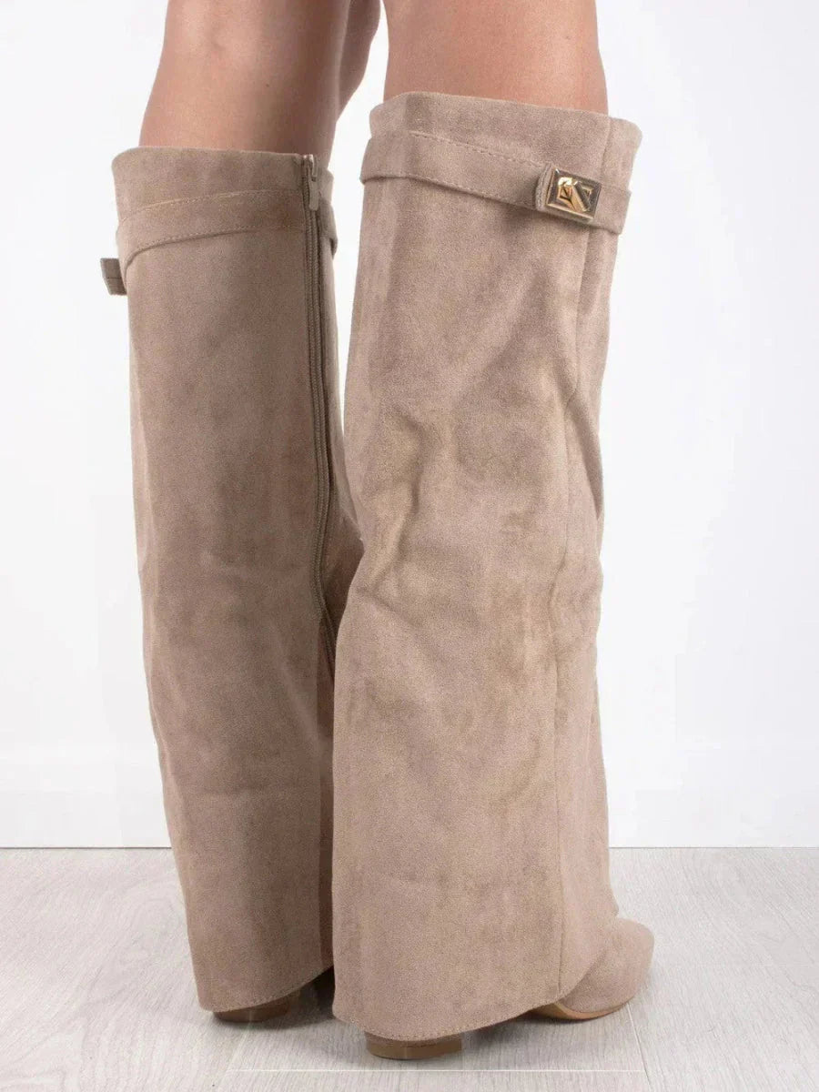Dames Laarzen met Klapmouw 8,5 cm Blokhak Zacht Gevoerd 42 Zwart Beige Bruin | Sansoti