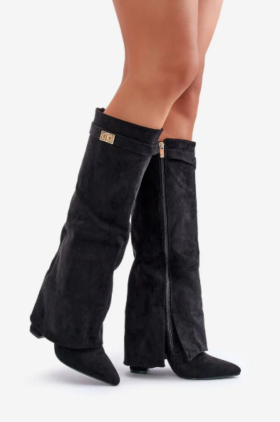 Dames Laarzen met Klapmouw 8,5 cm Blokhak Zacht Gevoerd 42 Zwart Beige Bruin | Sansoti
