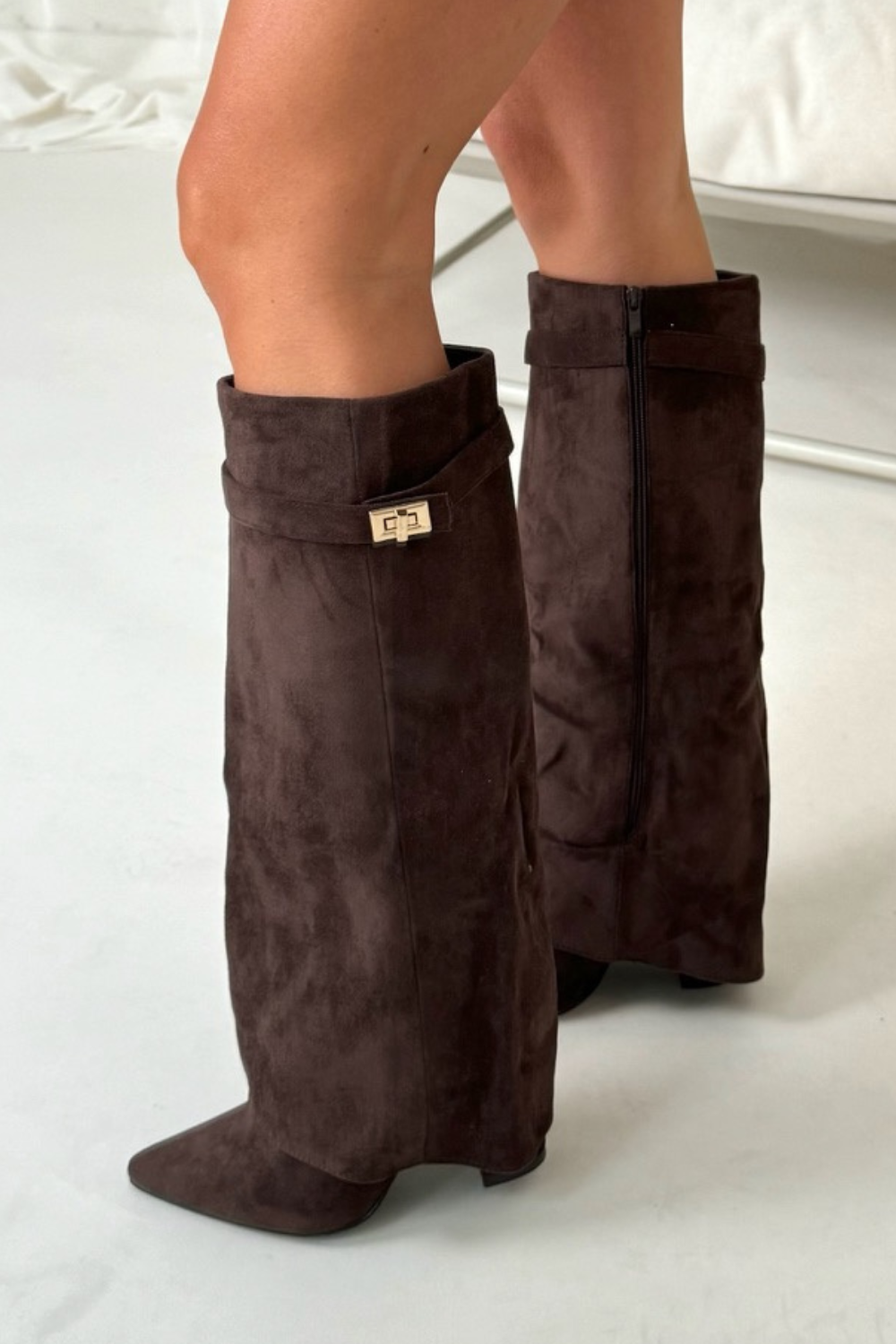 Dames Laarzen met Klapmouw 8,5 cm Blokhak Zacht Gevoerd 42 Zwart Beige Bruin | Sansoti