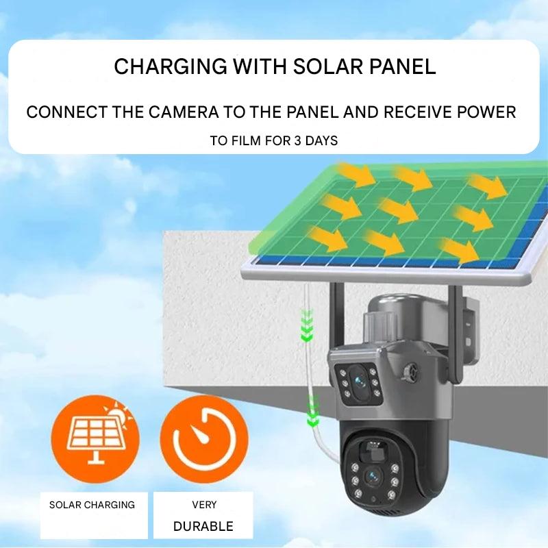 Caméra de sécurité sans fil avec panneau solaire, 4K, double objectif, zoom 10x, rotation à 360°, étanche IP66, extérieur | Sansoti