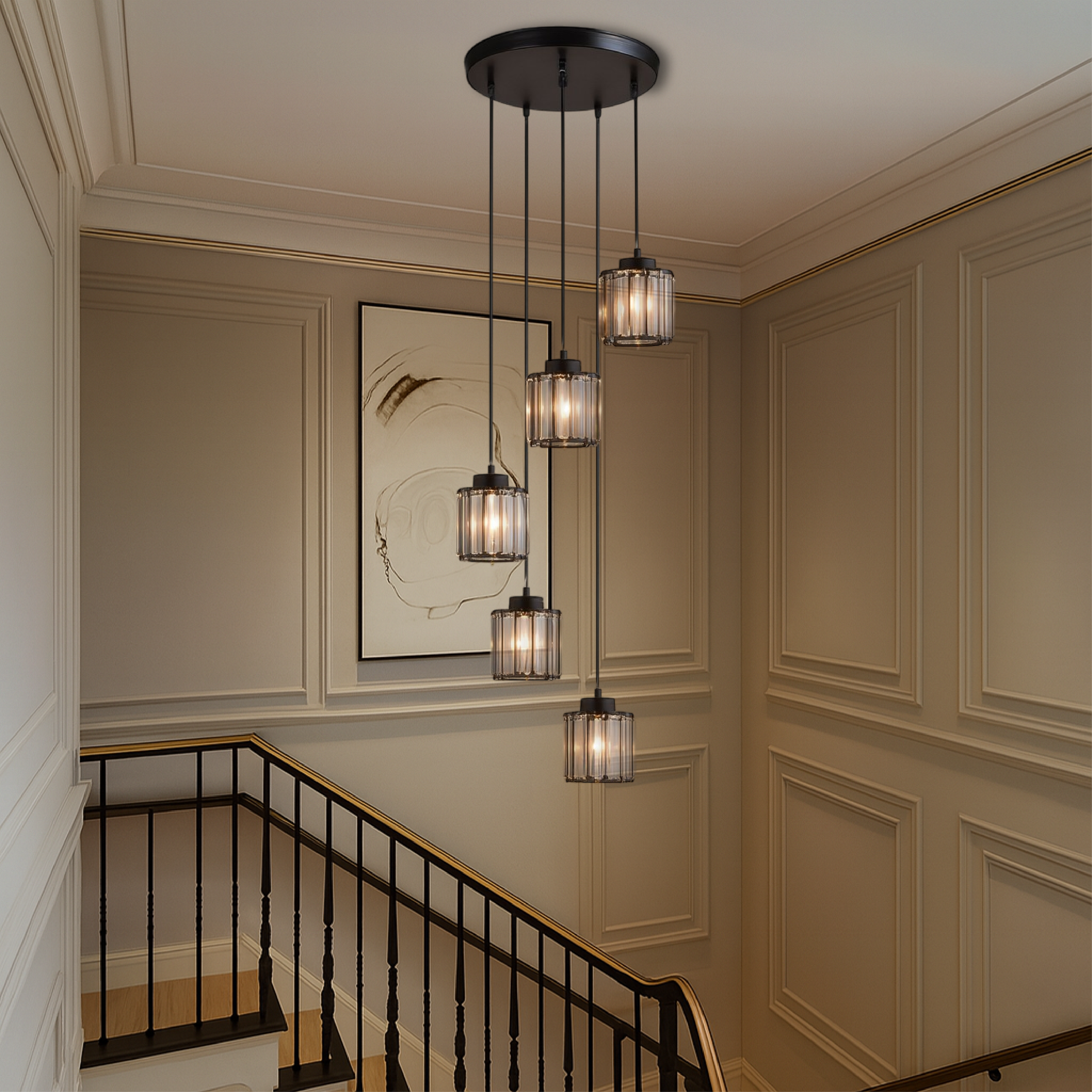 Ida Kristall-Treppenkronleuchter Glas Metall Schwarz Treppenbeleuchtung Foyer Hängeleuchte Modern Kristalllampe Hohe Decke | Restfield