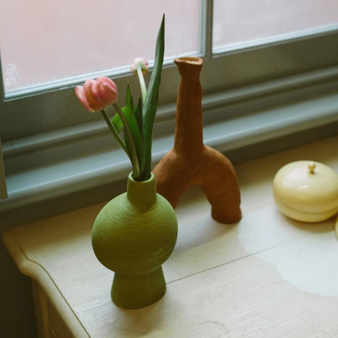 Vase Céramique Organique Vert Émeraude Matcha Olive Sculpture Vase à Fleurs Salon | Restfield