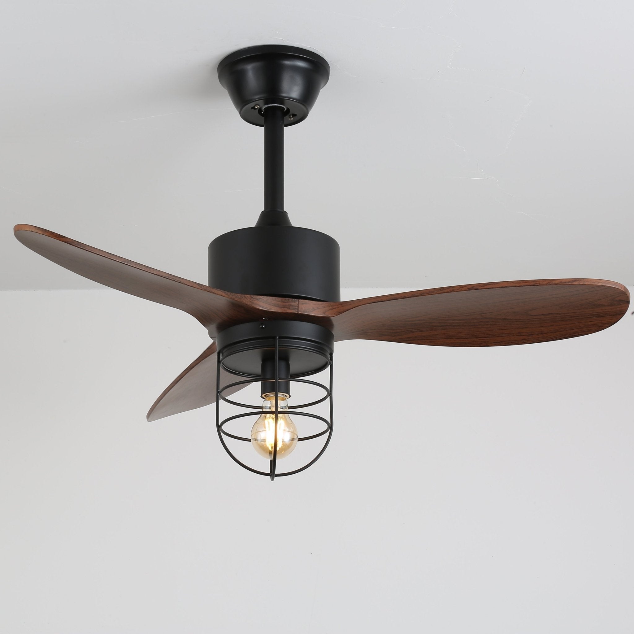 Ventilateur de plafond industriel avec éclairage Ø91cm – Cadre métallique – Abat-jour en verre – 6 vitesses – Télécommande – AC 110-240V – Noyer & noir | Sansoti