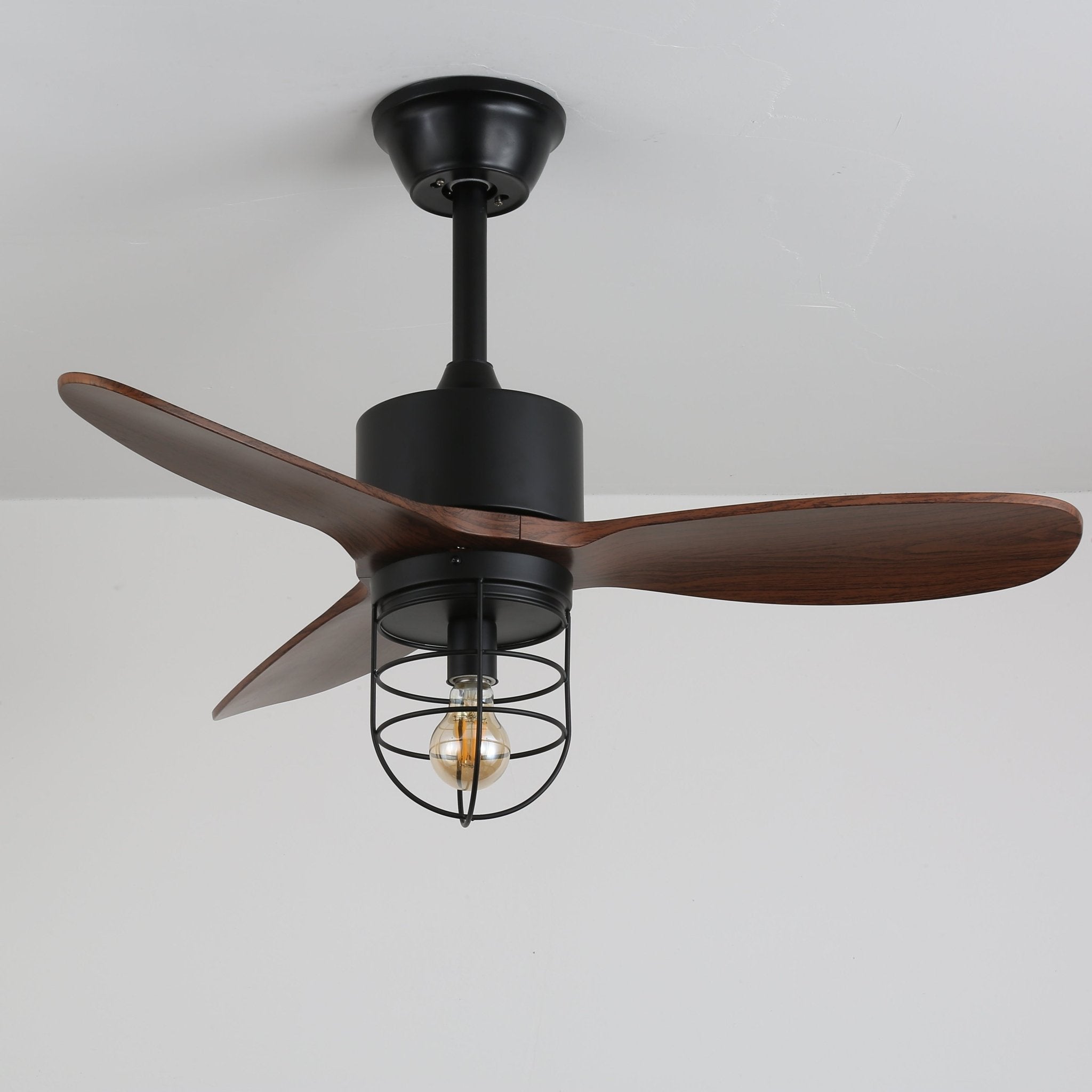 Ventilateur de plafond industriel avec éclairage Ø91cm – Cadre métallique – Abat-jour en verre – 6 vitesses – Télécommande – AC 110-240V – Noyer & noir | Sansoti